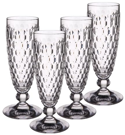 Villeroy & Boch Boston Champagne Glasses Set of 4, 145 ml, Champagne Flutes with Facet Pattern, Crystal Glass for Champagne and Sparkling Wine, Dishwasher Safe, Clear