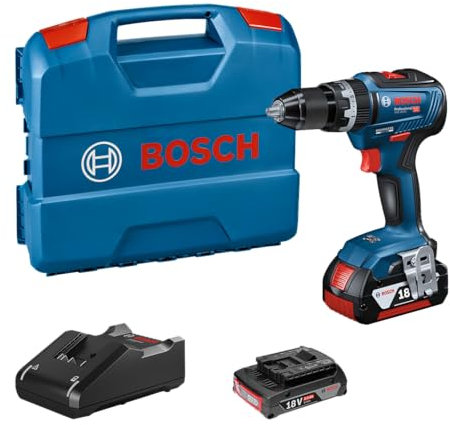 Bosch Professional GSB 18V-55 - Taladro percutor a batería (2 baterías x 2.0 Ah, 18V, 55 Nm, en L-Case), Azul, 2x2.0Ah batería plus cargador
