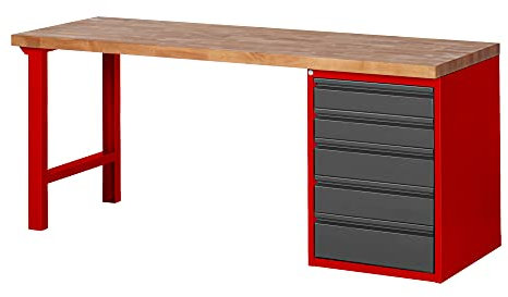 STIER Werkbank Premium mit 5 Schubladen BxTxH 2000x700x840mm RAL 3000 / anthrazitmetall