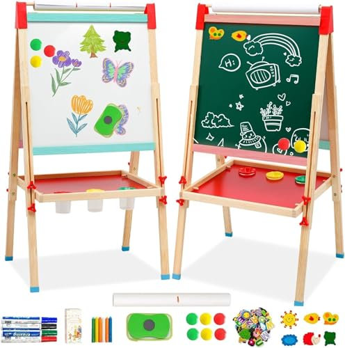 Kinder-Staffelei, doppelseitig, für Kleinkinder, Holzstaffelei, Kreidetafel, Whiteboard, Holzkunst-Staffelei, höhenverstellbar, mit Papierroller, Zubehör, Ablageschale