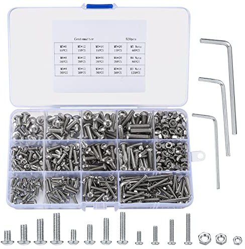520 Pcs Stainless Steel Hex Socket Button Head Bolts and Nuts Assortment Kit, M3 M4 M5, With 3 Pcs Hex Wrenches