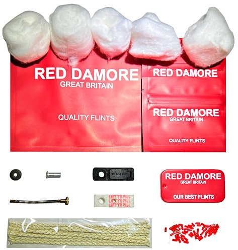 RED DAMORE Benzinfeuerzeug-Reparatur-Set – 50xFeuerzeug-Feuersteine, 5xnatürliche Baumwolle, 10xFeuerzeugdocht, 1xFilz-Pad, 1xGummi-Kraftstoffschoner, 1xFeuersteinrad und Niete, 1xErsatzfeder