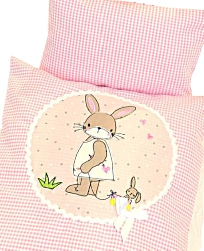 Bettwäsche  Hasenmädchen , Bettzeug für Puppenbett, Puppenwiege und Puppenwagen, 4teiliges Set genäht aus Baumwollstoff