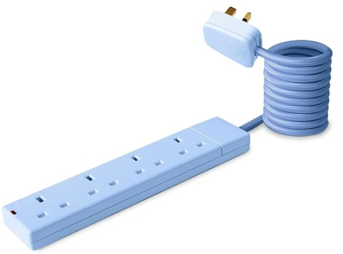 Pastel Blue Coloured Electrical Extension Lead 1.5M Meter Power Strip 4 Way Gang Port Multiplug UK Plug 3 PIN 250V/13A Desktop Power Socket Cord Home University Uni Office Pink Yellow Green