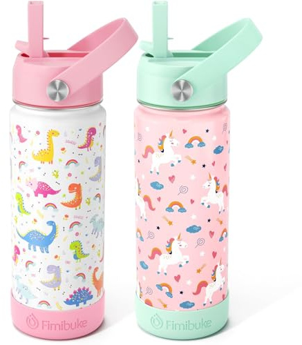 Fimibuke Kids Insulated Water Bottle, 18oz BPA FREE Kid Cup with Straw Double Wall Vacuum Tumbler 18/8 Stainless Steel Leak Proof Toddler Water Bottle for School Boys Girls (2 Pack, Unicorn/Dinosaur)