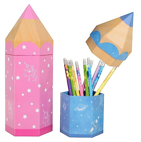 com-four® 2X Geschenktasche, Geschenkverpackung für Schulanfänger | Schultüte in Bleistift-Form - stabile Pappbox für Schulmaterialien zur Einschulung