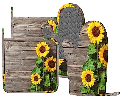 MIFSOIAVV Spring Sunflowers On Board Ofenhandschuhe und Topflappen-Sets Silikon Sommer Blumen Vintage Küchenhandschuhe Topflappen Hitzebeständig 4 Stück Ofenhandschuhe Hot Pads zum Backen Kochen