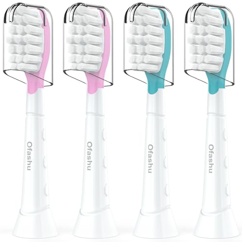 Ofashu Testine di Ricambio, Spazzole di Ricambio per Bambini Compatibili con Philips Sonicare per Bambini, Mini Spazzole di Ricambio (Rosa/Verde-7 anni, 4 pezzi)