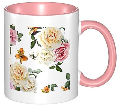 RFSHOP Tazza da caffè in ceramica, color crema, stile shabby chic, con rose, da viaggio, personalizzata, per tè, bevande, latte, per ufficio e casa