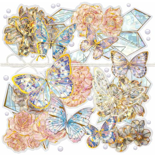 3 Packungen Scrapbook-Laser-Schmetterlingsaufkleber, goldene holografische Aufkleber, glänzender, schillernder Blumenaufkleber für die Kartengestaltung, Tagesplaner, Tagebücher (Fantasy)