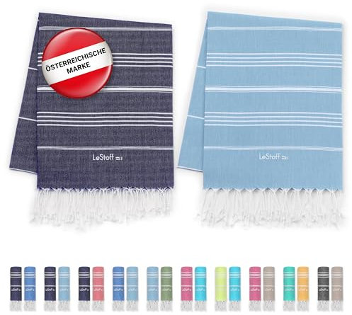 LeStoff 2er-Set Hamamtuch 95 x 180 cm - 100% Bio-Baumwolle, Vorgewaschen, Nachhaltig, Saugstark & Schnelltrocknend, Reisehandtuch, Campinghandtuch, Badetuch, Saunatuch, Strandtuch (Navy + Light Blue)