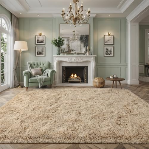 Nuttumico flauschiger Teppich, flauschig, beige, 2,4 x 3 m, großer zotteliger Bodenteppich, weicher Plüsch, rutschfest, rechteckig, Teppich für Heimdekoration
