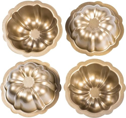 LLECDASEUI 4 Pack Carbon Steel Mini Fluted Tube Cake Pan, 4 Inch Nonstick Fluted Tube Cake Pans, Oven Baking Mold Mould for Cupcake,Muffin,Brownie,Pudding,Bavarois,Jello,Flan,Kugelhopf (Gold,M)