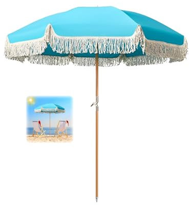 Parasol De Plage 180cm Avec Frange Bleu Parasol De Jardin Protection UV Parasol De Jardin Extérieur Imperméable Parasol Inclinable Avec 8 Baleines Parasol Balcon Anti Vent Pour Plage Balcon Patio Terr