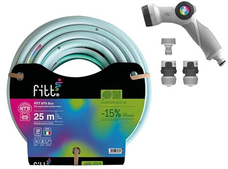 FITT NTS Eco 5/8 (15 mm) 25 m Kit - Tubo da Giardino per irrigazione, Robusto e malleabile, per Uso Intensivo. più Leggero e sostenibile. Completo di raccordi e Pistola multigetto