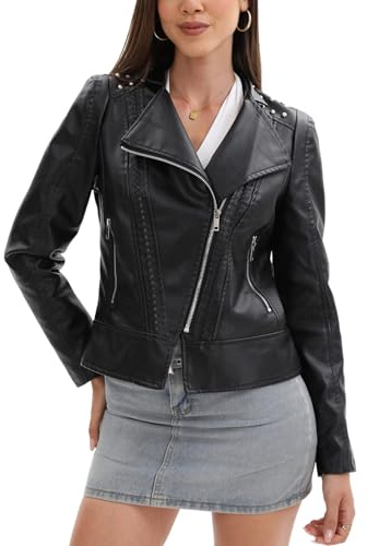 Chaqueta de Cuero Mujer Remaches Moto Corta Cazadora Cremallera chaqueta entretiempo