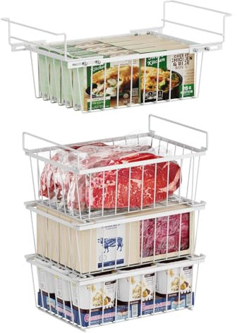 iSPECLE Chest Freezer Baskets - 3 Pcs Stackable Organizer Bins and 1 Pcs Hanging Bins for 142L Chest Freezer, Easy Get Food with Handles, Add Space and Air Circulation for Better Freshness, White