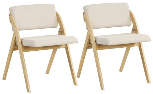 COSTWAY Juego de 2 Sillas de Comedor, Silla Plegable con Patas de Madera de Caucho, Asiento y Respaldo Acolchados, Silla de Cocina Portátil para Oficina y Cocina, 53 x 56 x 76 cm (Natural y Beige)