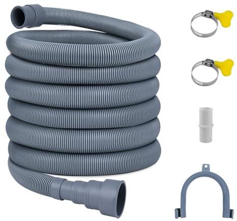 20FT Flexible Corrugated Drain Hose for Washing Machine & Dishwasher Heavy-Duty Extension Hose with Adapter, 2 Clamps & U-Bend Holder