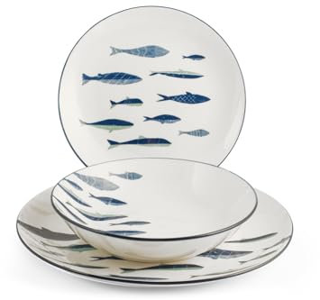 H&H, servizio tavola 18 pezzi Atlantic, forma coupe, in pocellana, bianco, decoro pesci, lavabile in lavastoviglie