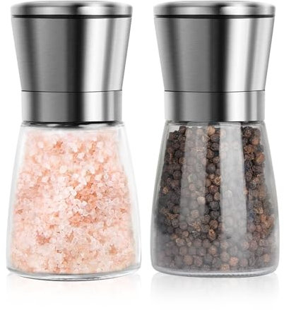 Salt and Pepper Grinder Set Stainless Steel Refillable Manual Spice Mill with Glass Bottle Container and Adjustable Coarseness (Without Spice Content, 2 Pack)