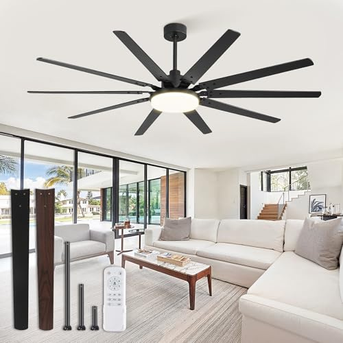 Ventiladores de techo grandes 72 pulgadas con luces y mando a distancia, ventilador negro exterior 10 cuchillas, luz LED 32 W 3 CCT, motor CC silencioso reversible