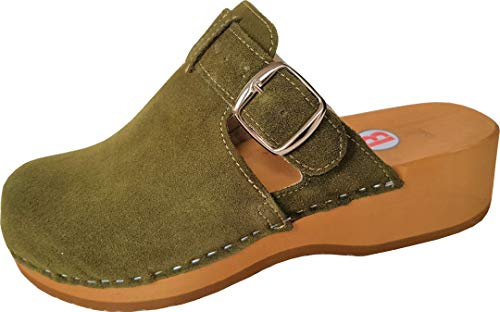 Generisch Schweden Holz Clogs - Pantolette Gr.35-36-37-38-39-40-41 Nubuk Wild Leder - Fuchsia - Beige - Grün