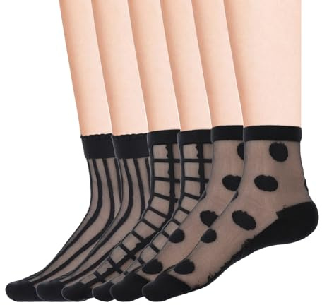 Telooco 3 Paia Calze in Nylon da Donna Sottili Calze Nere con Volant Calze di Cotone Calze Sottili in Nylon Traspiranti Calze a Pois Calze Trasparenti in Tulle da Donna