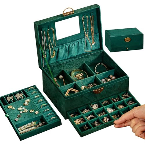 3-Layer Jewellery Box Organiser, Large Capacity Velvet Jewellery Box with Mirror, Large Green Jewellery Case for Rings Earrings Necklace Bracelets, Jewelry Organiser Storage Case for Girls Women