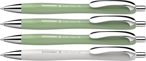 Schneider 132664 Slider Rave XB Kugelschreiber (Weiches Schreiben ohne Kratzen für lange Texte in Schule, Uni und Beruf) 4 Stück, Naturgrün, Silbergrau, Tinte: Blau