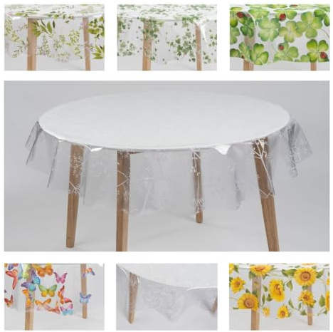 laro Ø 140 cm Premium Line Transparente Tischdecke rund - Wasserdicht & abwischbar - Tischschutz, Muster:Transparent Weiß Blüte, Größe: Rund 140cm
