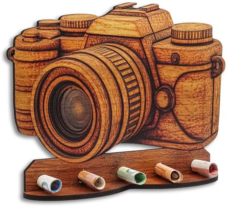 DRO Design Geldgeschenke, Geschenkverpackung Holz-Optik Kamera Motiv – Bargeldgeschenk, Geldpräsent, Kreatives Geldgeschenk, Geburtstag, Hochzeit, Weihnachten