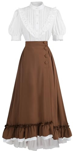 FCCAM Victorian Dress for Women Short Sleeve 1800s Edwardian Dress Costume with Pockets