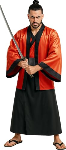 FIESTAS GUIRCA | Costume da Samurai Giapponese per Uomo (52-54/L) - Kimono, Abito e Cintura - Costumi da Guerriero Orientale per Halloween, Carnevale e Feste a Tema - Adulto - Rosso e Nero