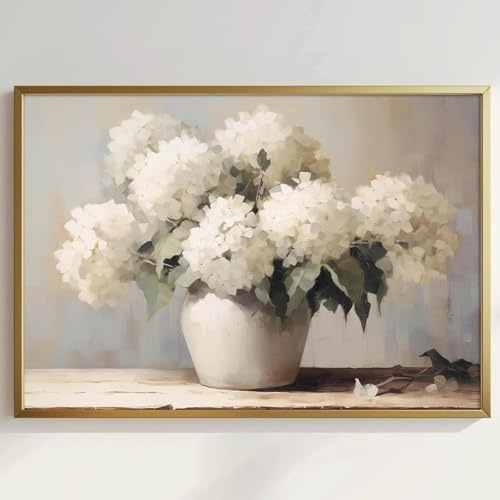 CHAOJIART Arte de pared vintage de hortensias blancas, lienzo de hortensias blancas, cuadros florales antiguos botánicos vintage, decoración de pared para sala de estar, marco interior de 40 x 60 cm