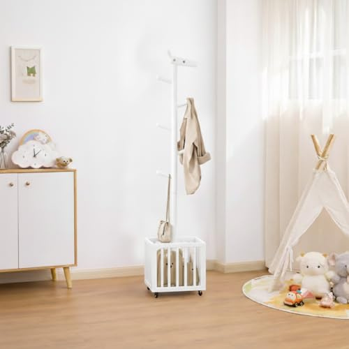 AQIMUELE Kids Coat Rack,Solid Wood Coat Rack with 6 Hook for Bedrooms,Kids clothing rack(White)