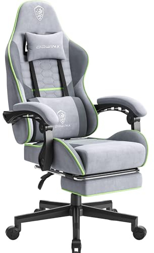 Dowinx Gaming Stuhl Tasche Frühling Kissen, Atmungsaktiver Bürostuhl aus Hochwertigem Stoff, Ergonomischer PC-Stuhl mit Kopfstütze, Drehbarer Schreibtischstuhl mit Fußstütze,Standard, Grau Grün