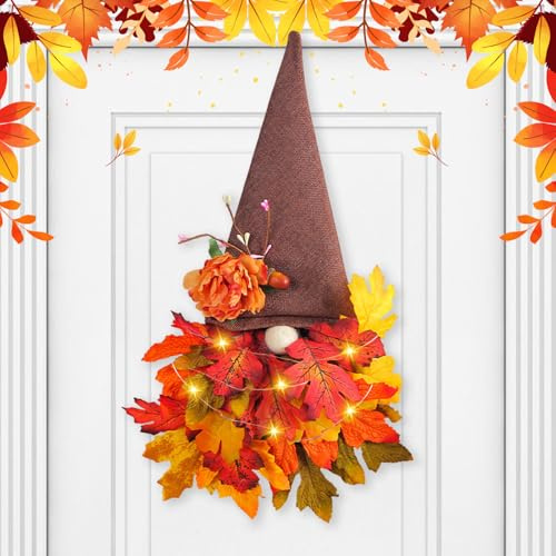 Herbstkranz Haustür, Ahornblatt Türkranz Herbst Außen mit Licht, Herbstdeko Hängend, Bauernhauses Türdeko Herbst Dekoration, Herbstwichtel Deko Kranz, Herbstdeko Tür für Erntedankfest (B)