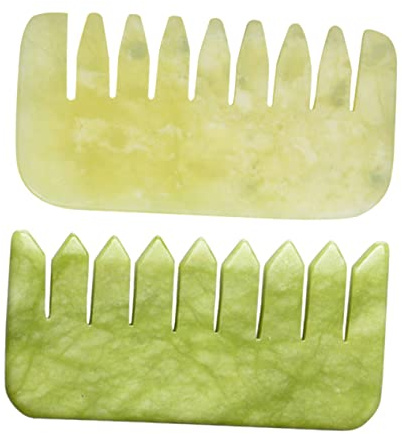 LOLIPPYY Lot De 2 Peignes Gua Sha En Jade Naturel Pour Massage Du Cuir Chevelu, Dents Larges Lisses, Léger Et Portable, Soin Cheveux Et Circulation Sanguine, Unisexe Usage Quotidien