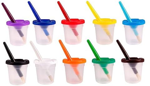 AKOOSY 10pcs Children's Paint Cups with Lids and 20 Colorful Washable Paintbrushes Art Tool Kit for Boys and Girls School Painting Supplies