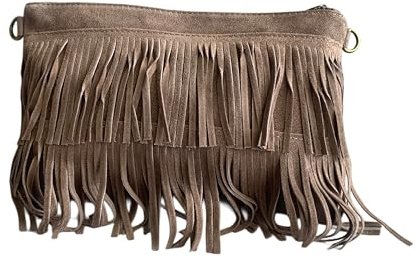 Bolso bandolera flecos de serraje italiano con correa ajustable e intercambiable. Cierre de cremallera. Interior forrado con bolsillo incorporado. (Topo)