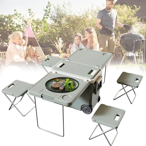 32L Portable Rolling Cooler with Table & Chair - Multifunctional Cool Box on Wheels for Camping Outdoor Picnic Beach BBQ - Easy Transport & Storage