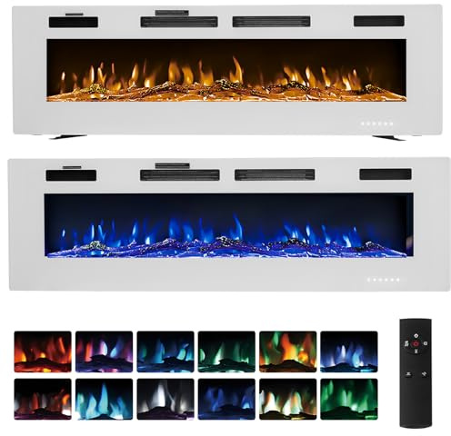 Ultra Thin Electric Fireplace 50/60 Wall Mounted/Recessed/Freestanding Fire Heater with 12 LED Flame Color 5 Brightness Thermostat Overheat Protection Remote & Touch 750W/1500 (White, 50inch/127cm)