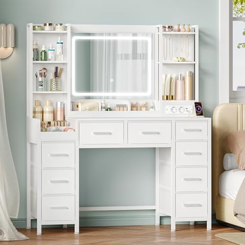 Hzuaneri 120 cm Coiffeuse avec Miroir, Table de Maquillage avec avec Éclairage LED, Luminosité Réglable, 3 Couleurs, Prises de Courant, 9 Tiroirs et Étagères Ouvertes, Blanc