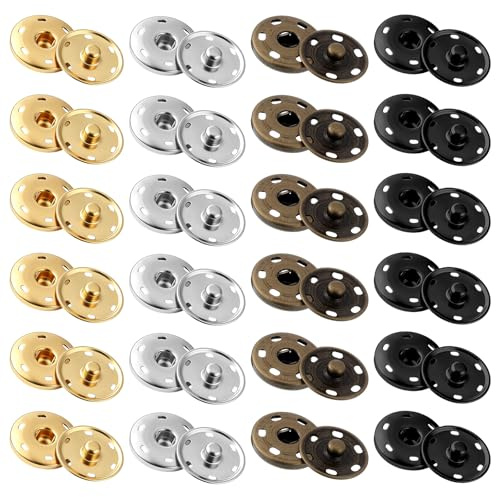 JJUNW 24 Sets Sew on Snap Buttons, 25mm Heavy Duty Metal Snap | Fasteners Press Studs for Clothing Coats Jackets Bags DIY Sewing - Gold Silver Black Bronze