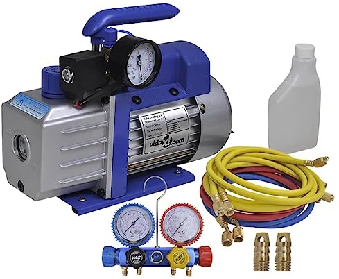 LoogCape Bomba de vacío de una etapa con manómetro y kit de distribución de 4 vías para aire acondicionado, refrigeración, mantenimiento, reparación, prueba de presión, transporte, construcción