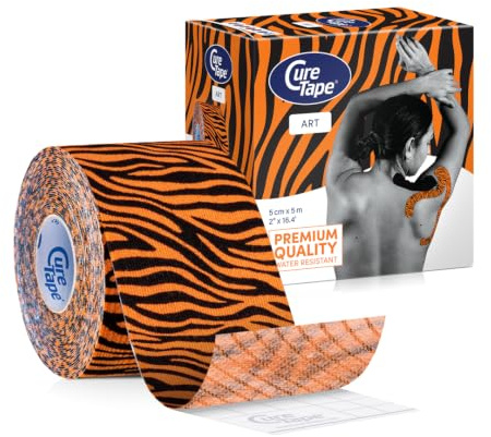 CureTape® Kinesiotejp | Vattentät och elastisk kinesiologitejp | Hudvänlig kinesisk tejp | Latexfri och allergivänlig, sporttejp för skador och obehag, 5 cm x 5 m | (tiger)