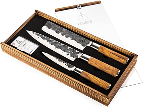 Forged Olive 3 Piece Handmade Knife Set in Wooden Box