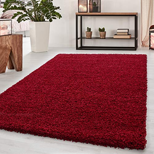Teppium Hochflor Teppich Wohnzimmer Shaggy 120 x 170 cm Rot - Flauschiger Teppich Extra Weich, Waschbar und Modern Einfarbig Design - Langflor Teppich für Schlafzimmer, Esszimmer und Küche