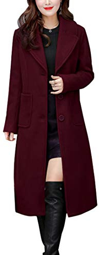 chouyatou Women's Big Notch Lapel Single Breasted Mid-Long Wool Blend Coat (Small, Wine Red)